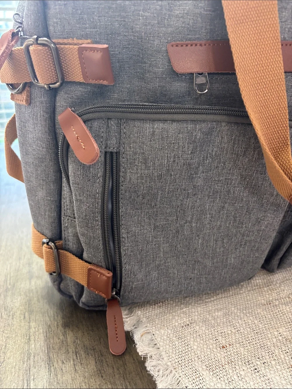 Gray Canvas Weekender Bag with Brown Accents